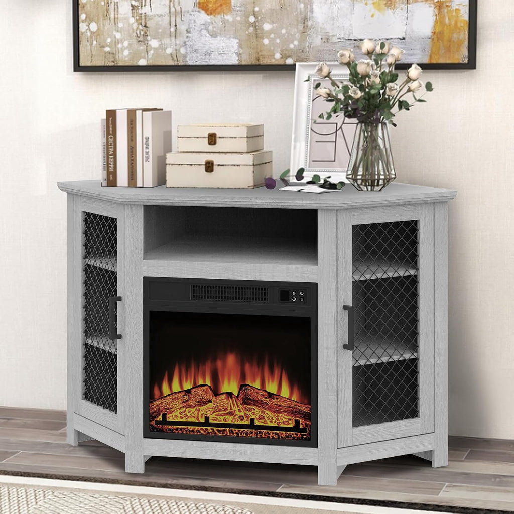 47" Corner Fireplace TV Stand Up to 55" TVs with 18" Electric Fireplace | Rustic Media TV Stands for Living Room, Television Stands with Adjustable Shelves, Entertainment Media Stand (Gray)