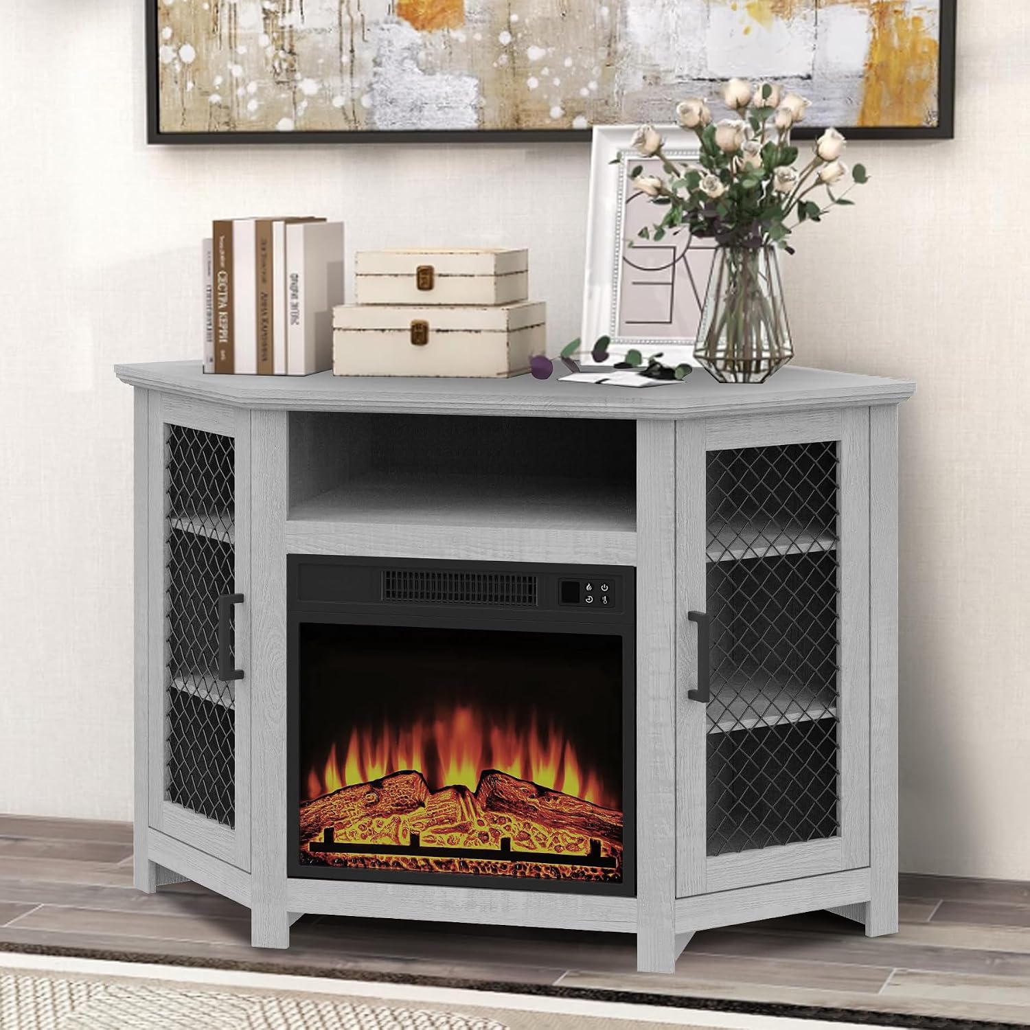 47" Corner Fireplace TV Stand Up to 55" TVs with 18" Electric Fireplace | Rustic Media TV Stands for Living Room, Television Stands with Adjustable Shelves, Entertainment Media Stand (Gray)