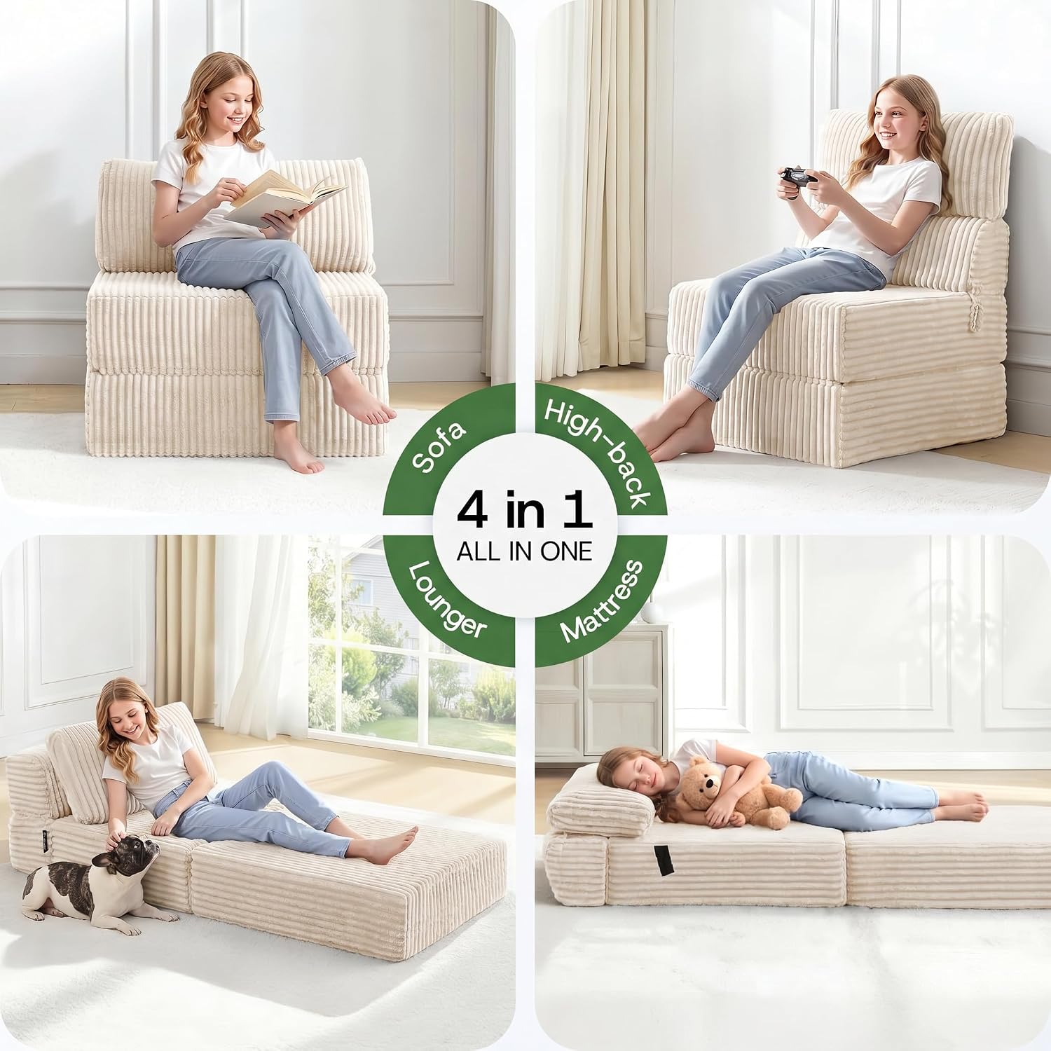 Convertible 4-in-1 Folding Sofa Bed Sleeper Chair, Single Beige | MEGAYES Foldable Chaise Couch Lounger & Mattress Pocket Coil+Foam Fill Medium Support, No Assembly for Living Room/Bedroom