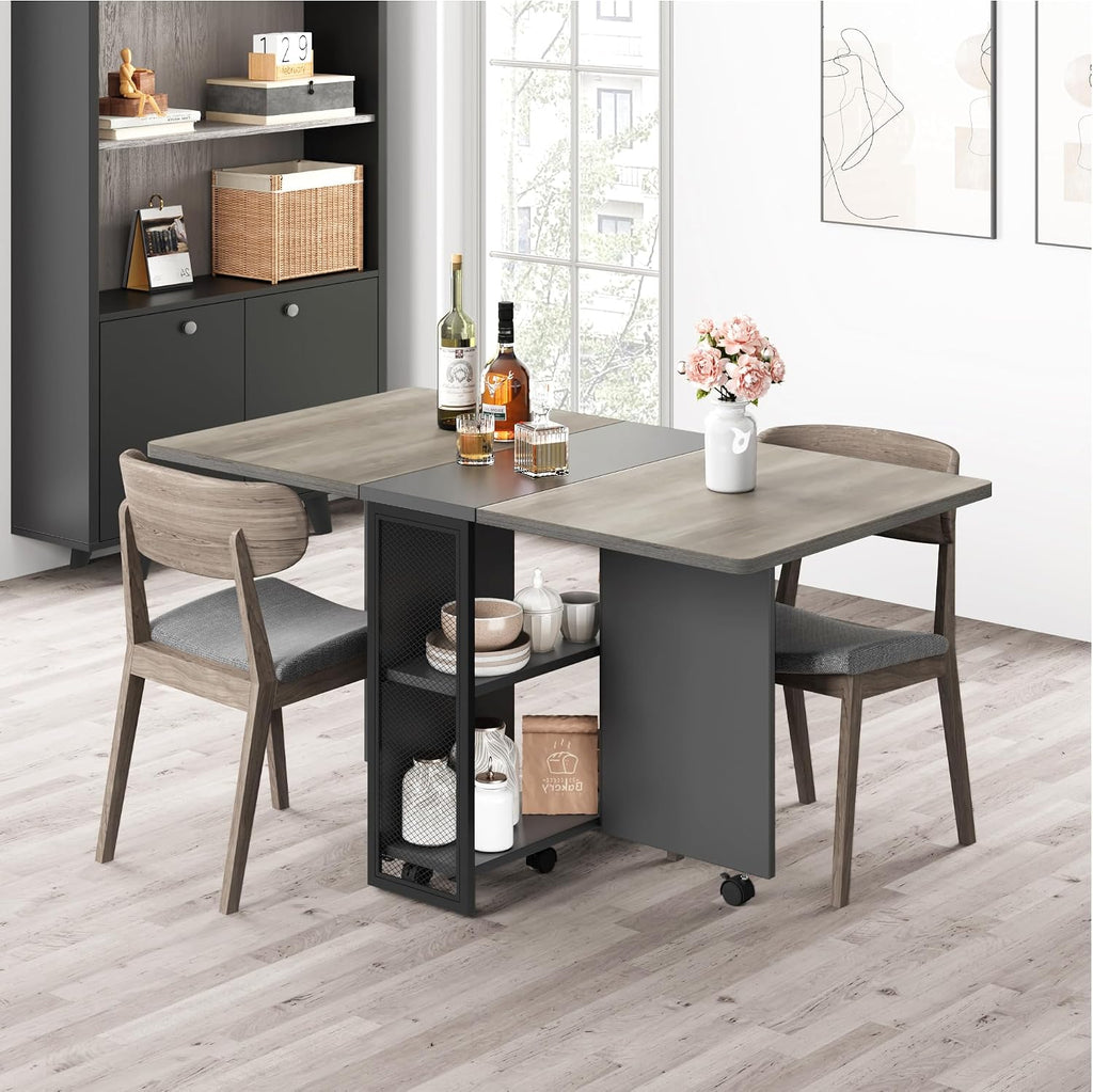 IDEALHOUSE FoldingTable, Drop Leaf Dining Table with 6 Wheels and 2-Layer Storage Shelf, Space Saving Table for Small Spaces (Slate Oak, 50.1" D x 31.4" W x 29.5" H)