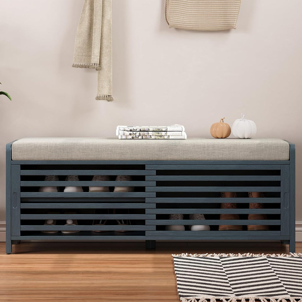 LUMISOL Shoe Bench with Storage and Cushion, Farmhouse Distressed Shutter Storage Bench with Retro Charm for Living Room, Entryway, Navy