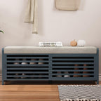 LUMISOL Shoe Bench with Storage and Cushion, Farmhouse Distressed Shutter Storage Bench with Retro Charm for Living Room, Entryway, Navy