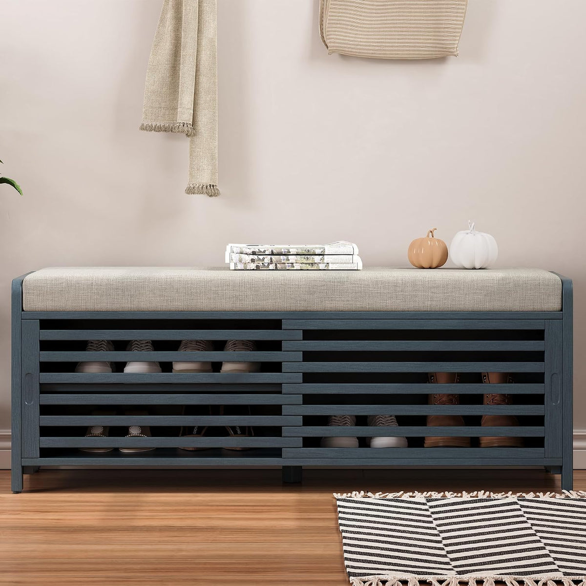 LUMISOL Shoe Bench with Storage and Cushion, Farmhouse Distressed Shutter Storage Bench with Retro Charm for Living Room, Entryway, Navy