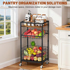 Fruit Vegetable Cart, 3-Tier Snack Kitchen Cart on Wheels & Wood Top, Utility Shelf Rack Organizer for Fruit, Vegetables, Potato, Snack, Brown