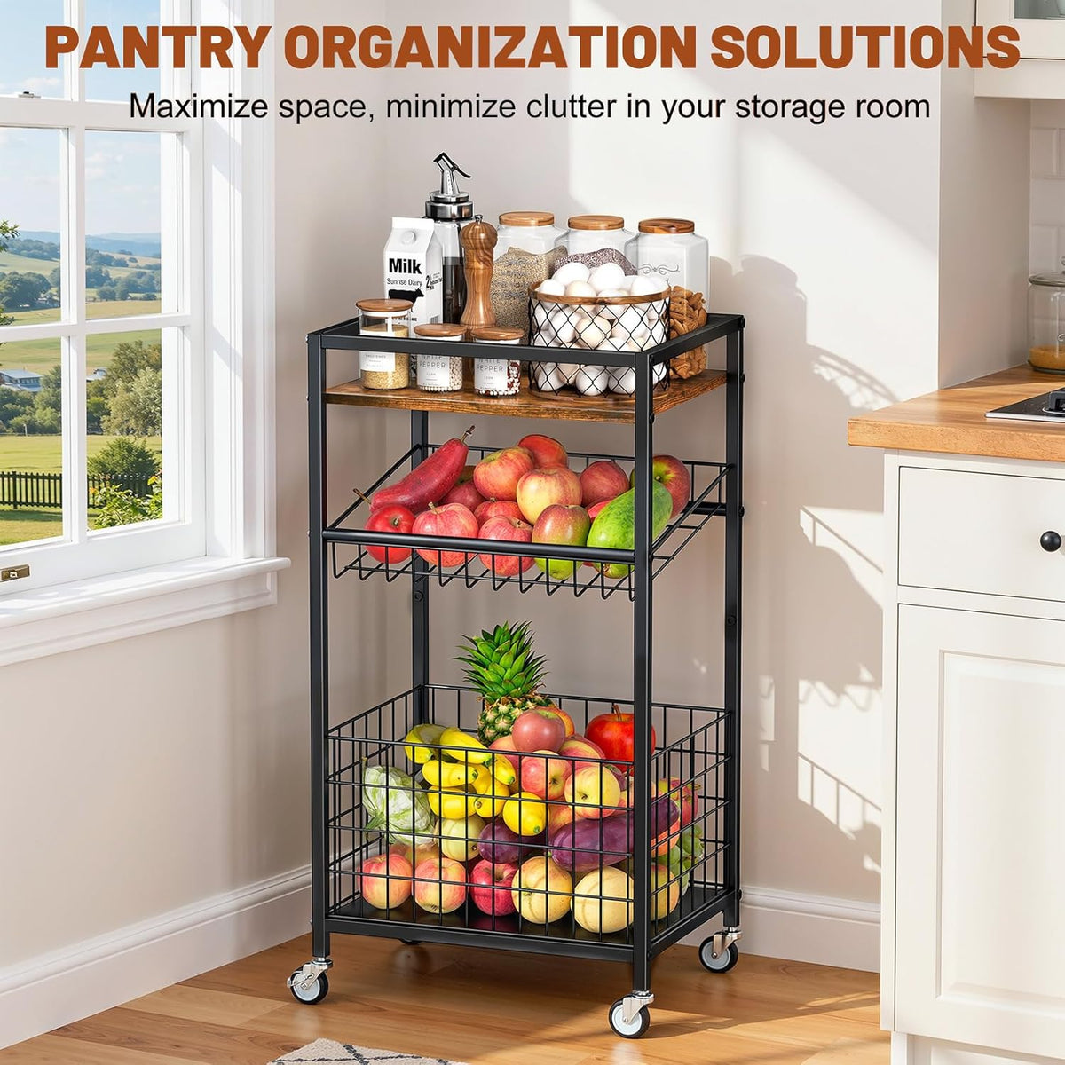 Fruit Vegetable Cart, 3-Tier Snack Kitchen Cart on Wheels & Wood Top, Utility Shelf Rack Organizer for Fruit, Vegetables, Potato, Snack, Brown