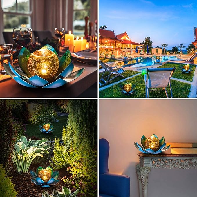Huaxu Solar Light Outdoor Garden Decor Blue Metal Crackle Globe Glass Waterproof LED Lotus Flower Table Lamp Decorations for Patio Yard Porch Pathway Ground