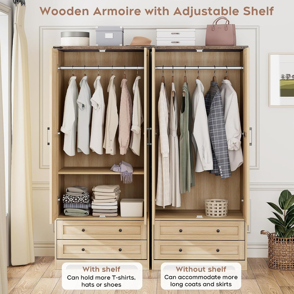 Brafab 2 Doors Wooden Armoire Wardrobe Closet with 2 Drawers, Natural | 2 Modern Doors, Freestanding, with Drawers and Hanging Rail, Wooden Storage Cabinet with Shelf, for Bedroom