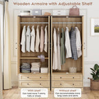 Brafab 2 Doors Wooden Armoire Wardrobe Closet with 2 Drawers, Natural | 2 Modern Doors, Freestanding, with Drawers and Hanging Rail, Wooden Storage Cabinet with Shelf, for Bedroom