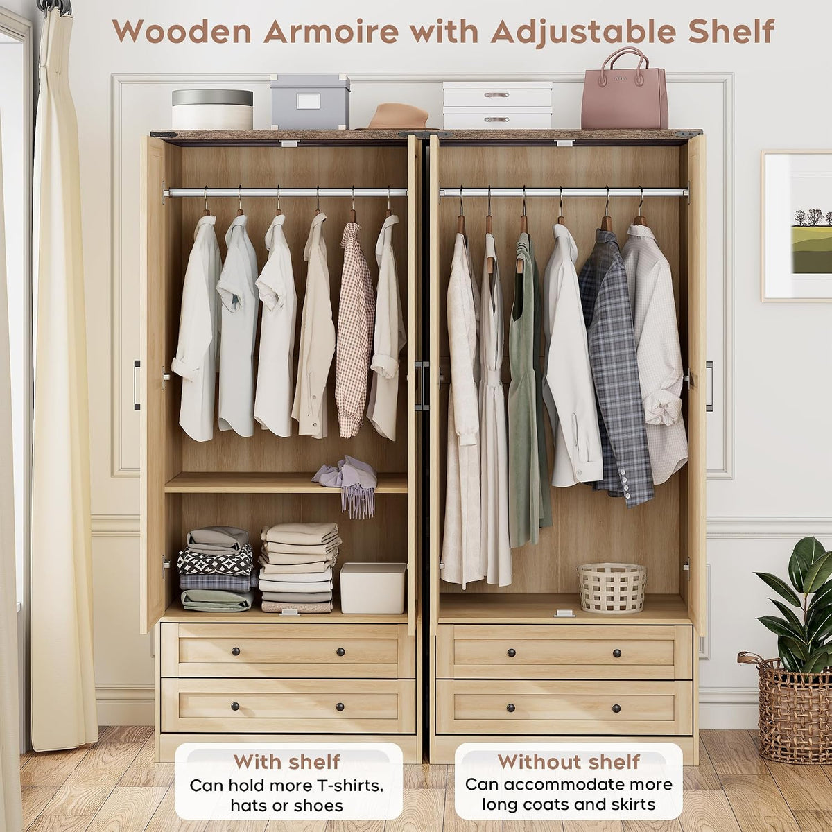 Brafab 2 Doors Wooden Armoire Wardrobe Closet with 2 Drawers, Natural | 2 Modern Doors, Freestanding, with Drawers and Hanging Rail, Wooden Storage Cabinet with Shelf, for Bedroom