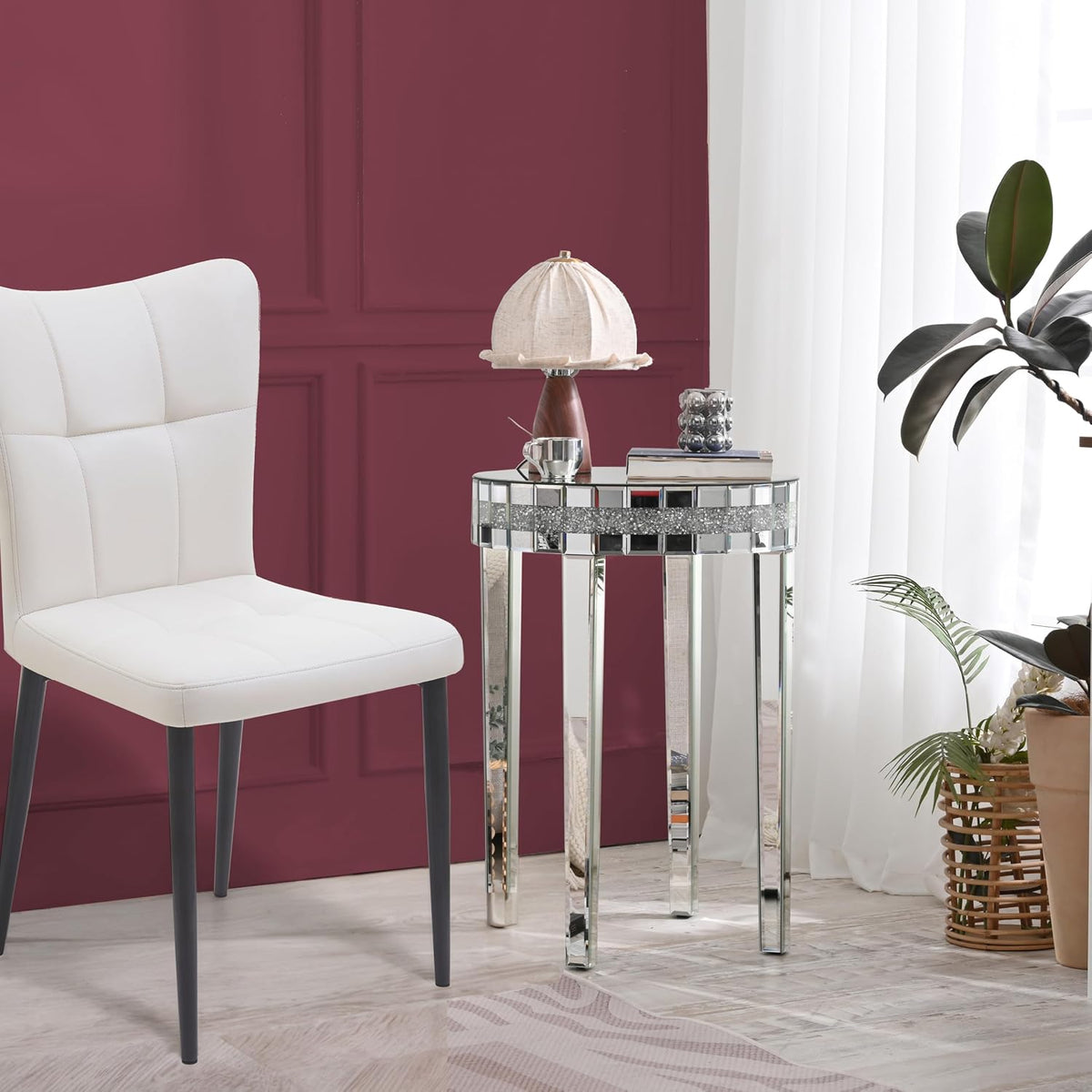 19.7" Mirror Side Table Round End Table with Crushed Diamond and Glass Top, Silver Coffee Table for Living Room, Bedroom, Sofa, Corner