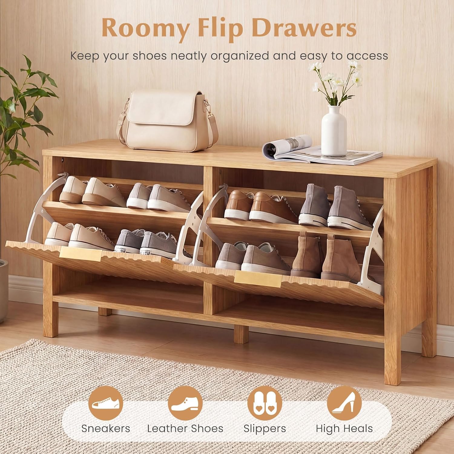 Giantex Shoe Storage Bench with 2 Flip Drawers, Wooden Entryway Bench with Storage, Fluted Doors, Adjustable Shelves, Hidden Shoe Cabinet for Entry Way, Hallway, Foyer, Living Room (Natural+Gold)