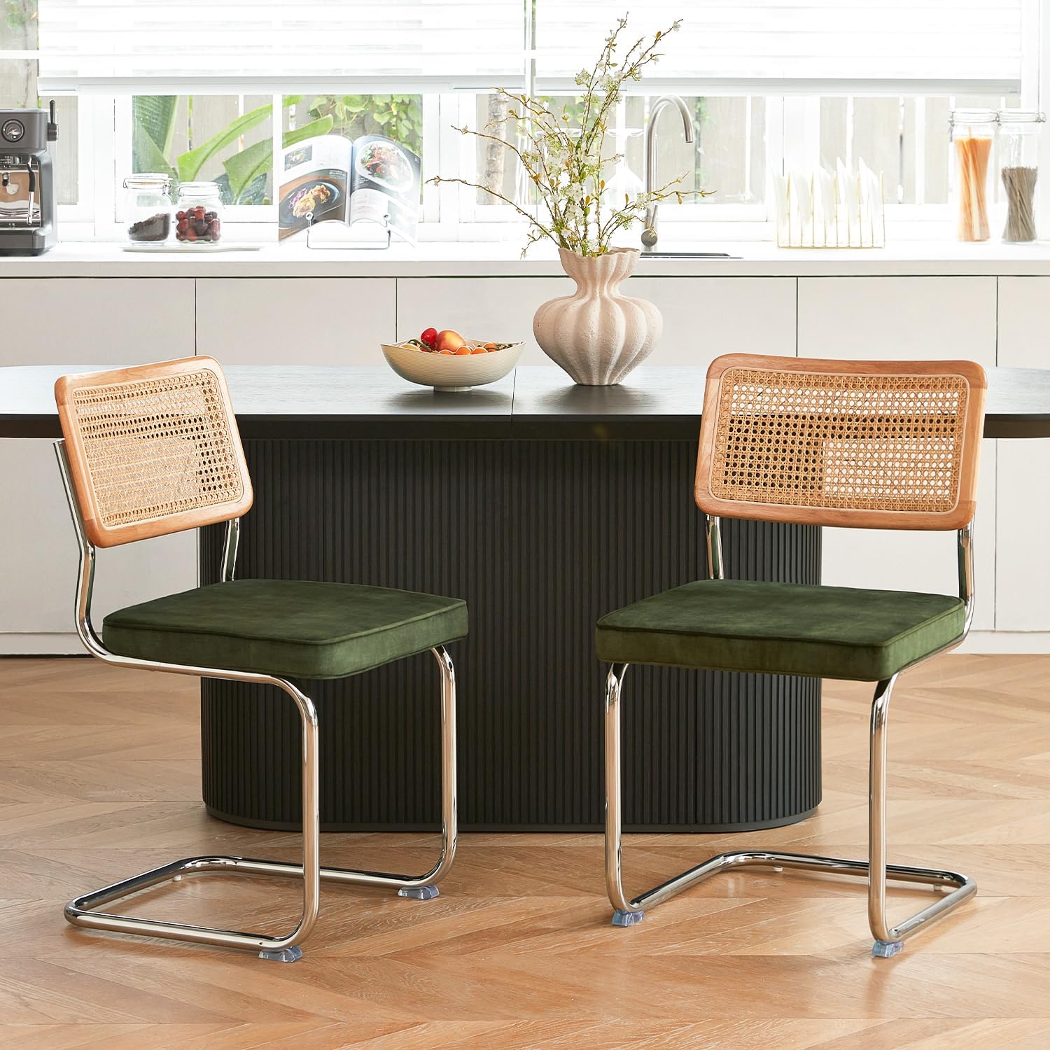 GrandNoor Rattan Dining Chairs Set of 4, Wooden Mid Century Modern Dining Room Chairs, Mesh Back Cane Kitchen Chair, Cesca Design Chairs with Metal Chrome Legs, Green