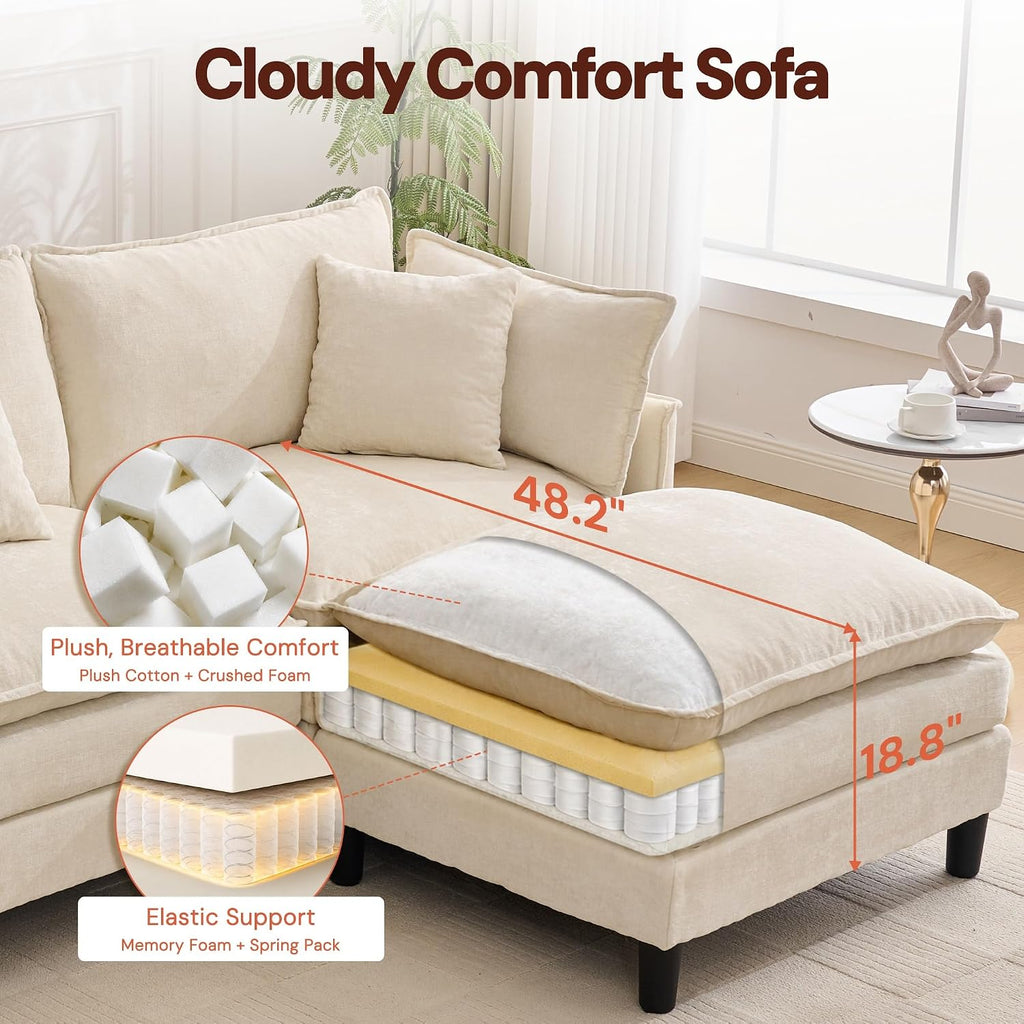 Korser 105" L-Shaped Modular Sectional Sofa, 3-Seater Cloud Couch with 1 Movable Ottoman, Modern Chenille Sofa Set with Removable Washable Pillows for Living Room, Bedroom, Apartment