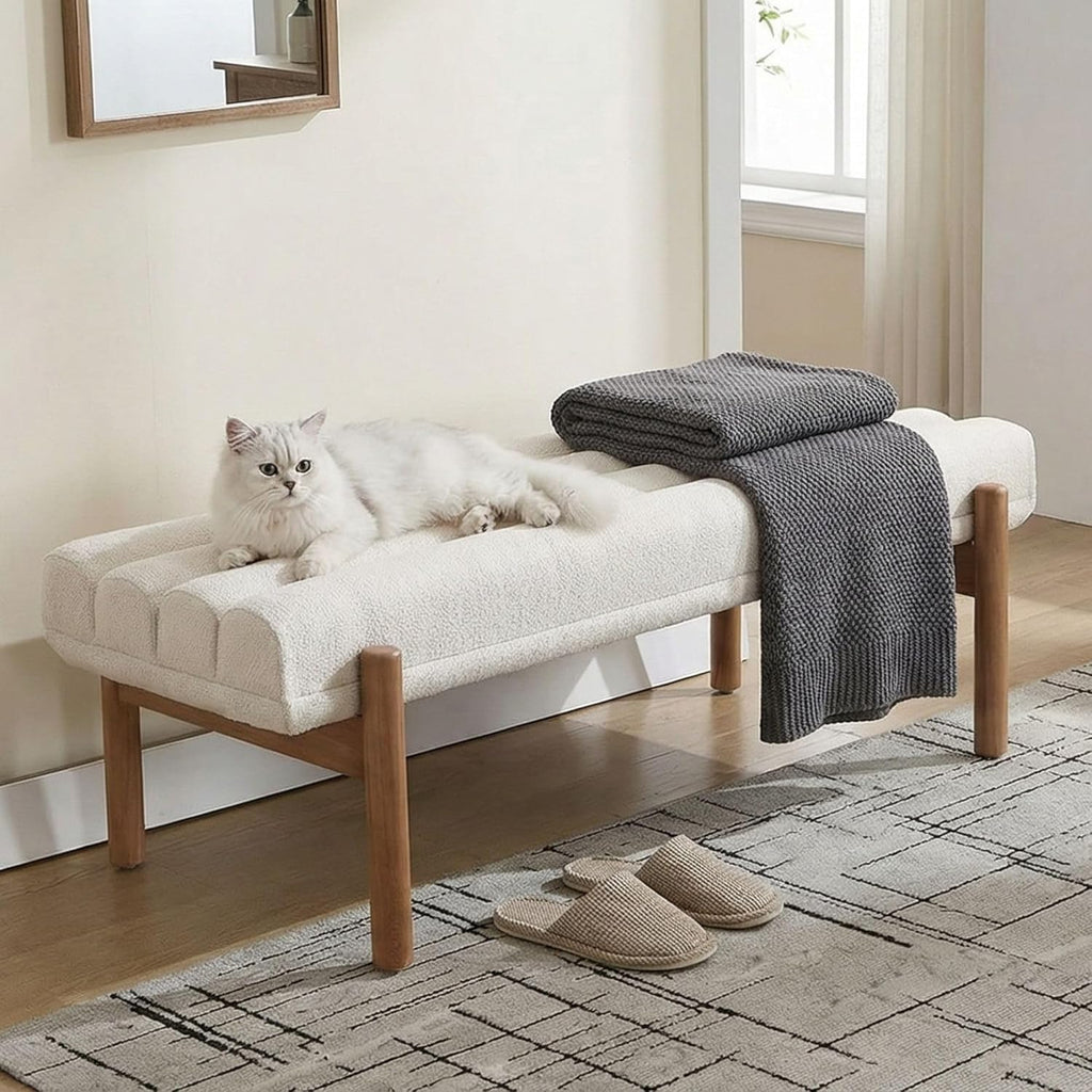 BESTANO Modern Upholstered Bedroom Bench End of Bed, Comfy Modern Entryway Bench Solid Wood Frame, 47" Indoor Bench for Hallway Dining Living Room, Beige Chenille