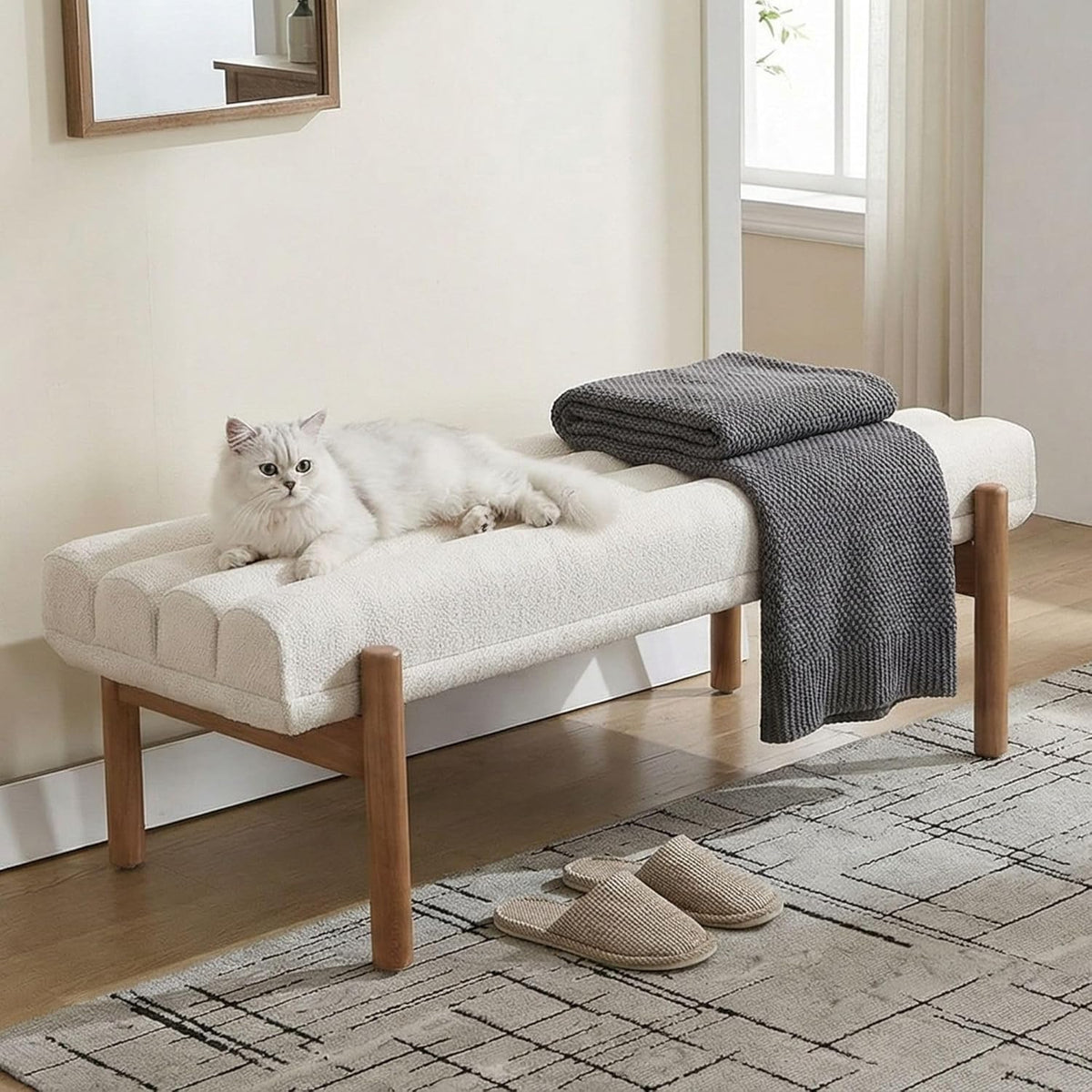 BESTANO Modern Upholstered Bedroom Bench End of Bed, Comfy Modern Entryway Bench Solid Wood Frame, 47" Indoor Bench for Hallway Dining Living Room, Beige Chenille