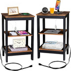 VECELO End Table with Charging Station and USB Ports, Small Wood Nightstand Modern, 24" Tall Living Room Side Table with 3-Tier Storage Shelves for Small Spaces, Office, Bedroom, Retro Brown, Set of 2