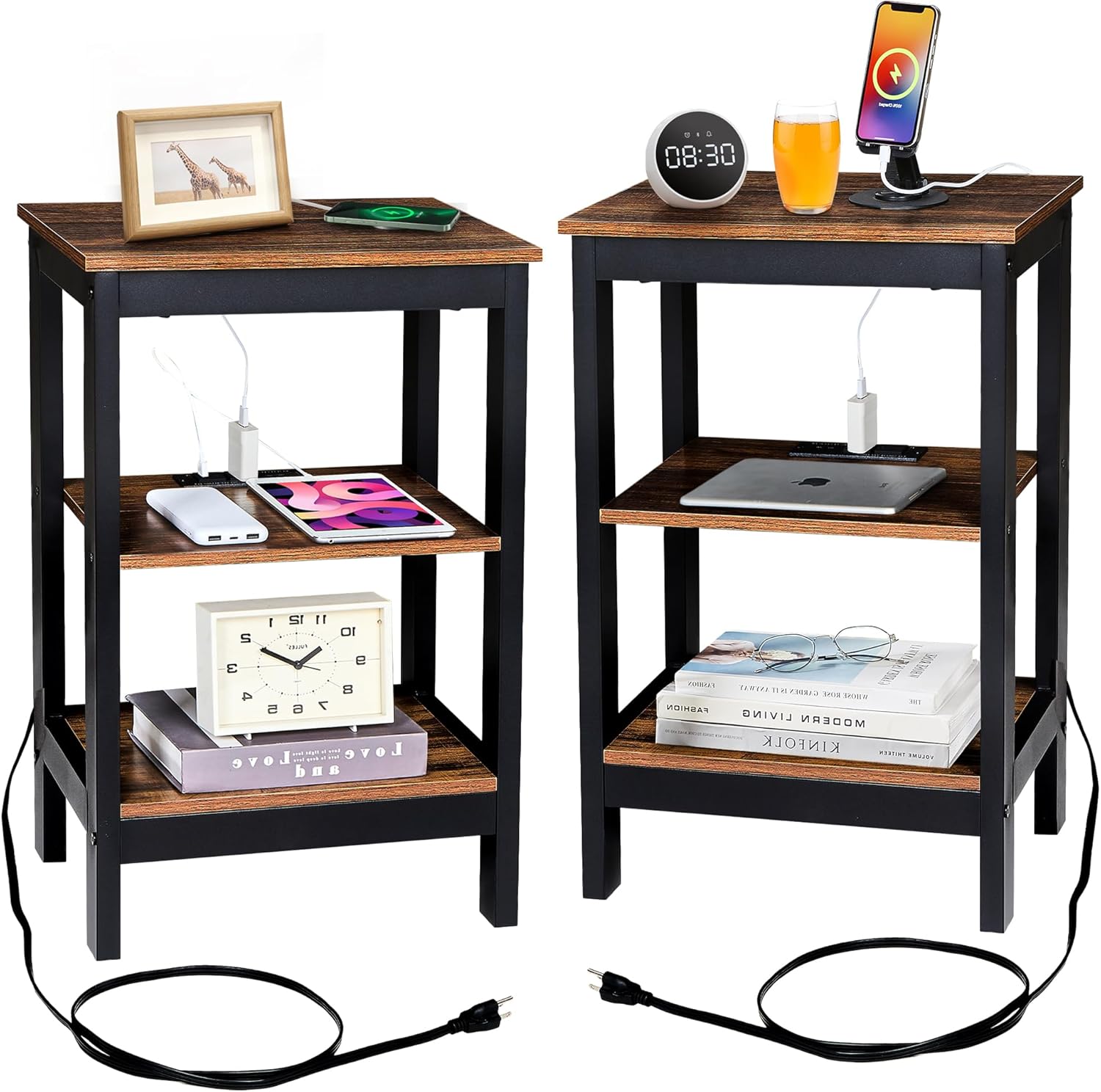 VECELO End Table with Charging Station and USB Ports, Small Wood Nightstand Modern, 24" Tall Living Room Side Table with 3-Tier Storage Shelves for Small Spaces, Office, Bedroom, Retro Brown, Set of 2