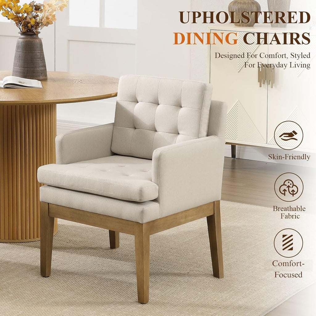 Linen Fabric Dining Chairs Set of 2, Upholstered Tufted Kitchen Room Chairs with Arms, Cozy Farmhouse Solid Wood Accent Side Chair for Dining/Living Room, Removable Cushion, Light Grey