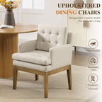 Linen Fabric Dining Chairs Set of 2, Upholstered Tufted Kitchen Room Chairs with Arms, Cozy Farmhouse Solid Wood Accent Side Chair for Dining/Living Room, Removable Cushion, Light Grey