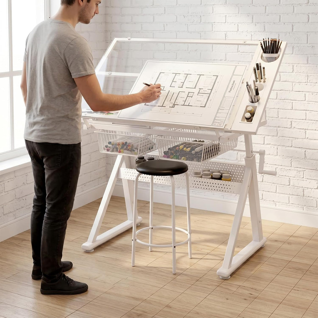 Drafting Table w/Art Stool, Hand Crank Height Adjustable Drawing Desk for Adults with Tilting Glass Top (0-70°), 2 Storage Drawers, Artist Table for Painting & Sketching(White)