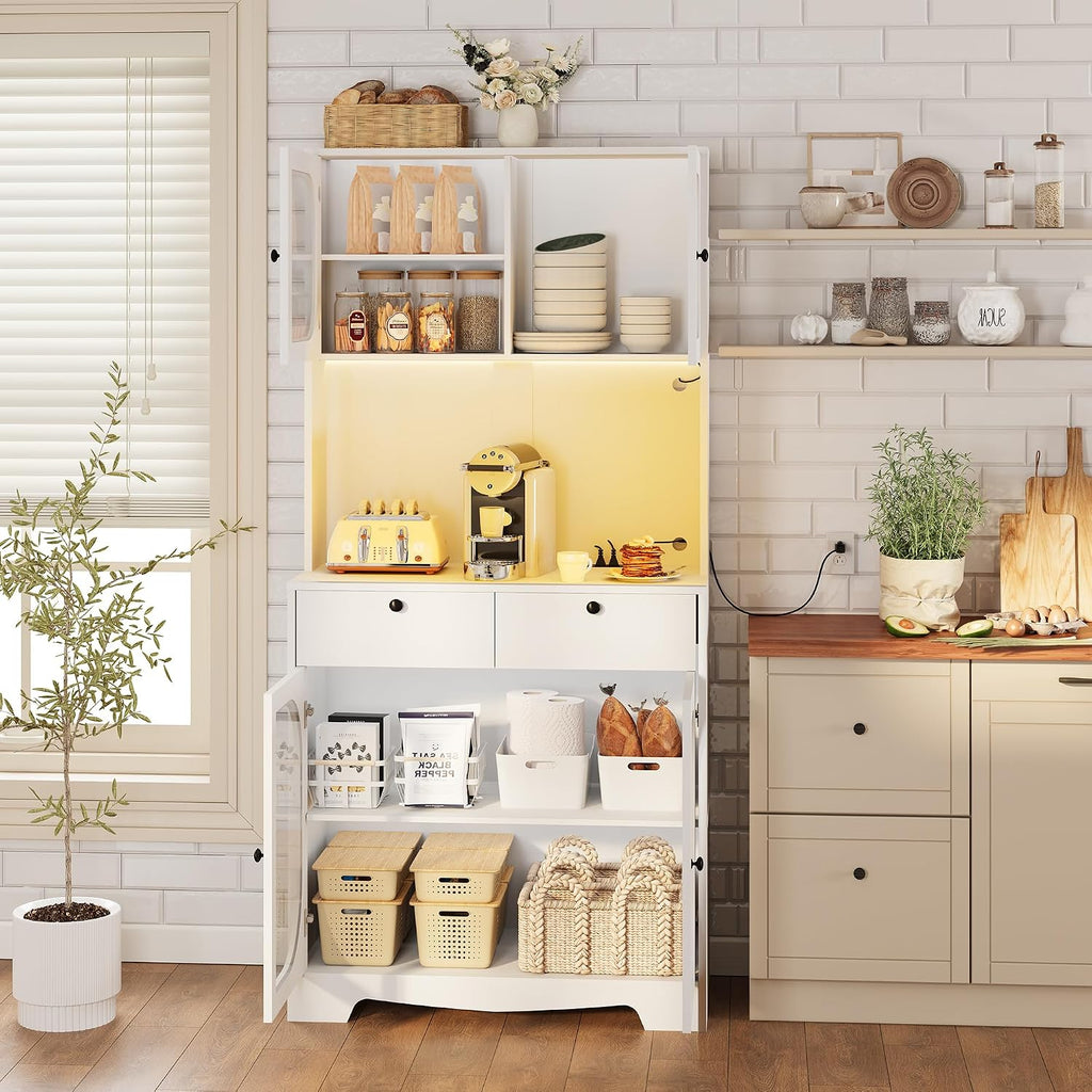 72" Black Kitchen Pantry Cabinet with Lights and Charging Station, Tall Hutch Storage Cabinet Coffee Bar Cabinet with Microwave Shelf for Dining Room