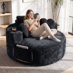 56''Oversized Round Chair Lounge Chaise Indoor with Cup Holders & Side Pocket, Corduroy Cloud Circle Single Deep Seat Chair, Modern Comfy Floor Sofa with Heart Pillows for Living Room,Bedroom