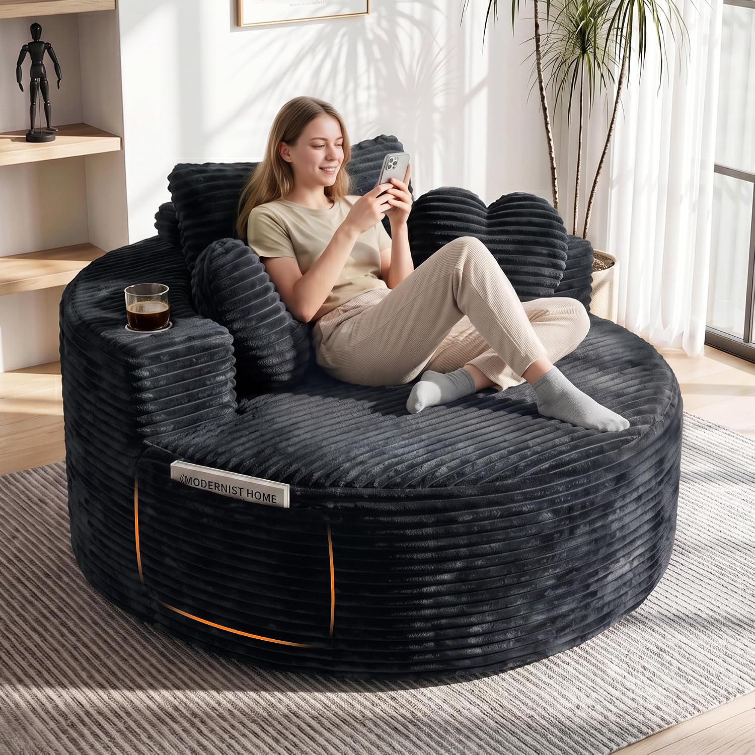 56''Oversized Round Chair Lounge Chaise Indoor with Cup Holders & Side Pocket, Corduroy Cloud Circle Single Deep Seat Chair, Modern Comfy Floor Sofa with Heart Pillows for Living Room,Bedroom