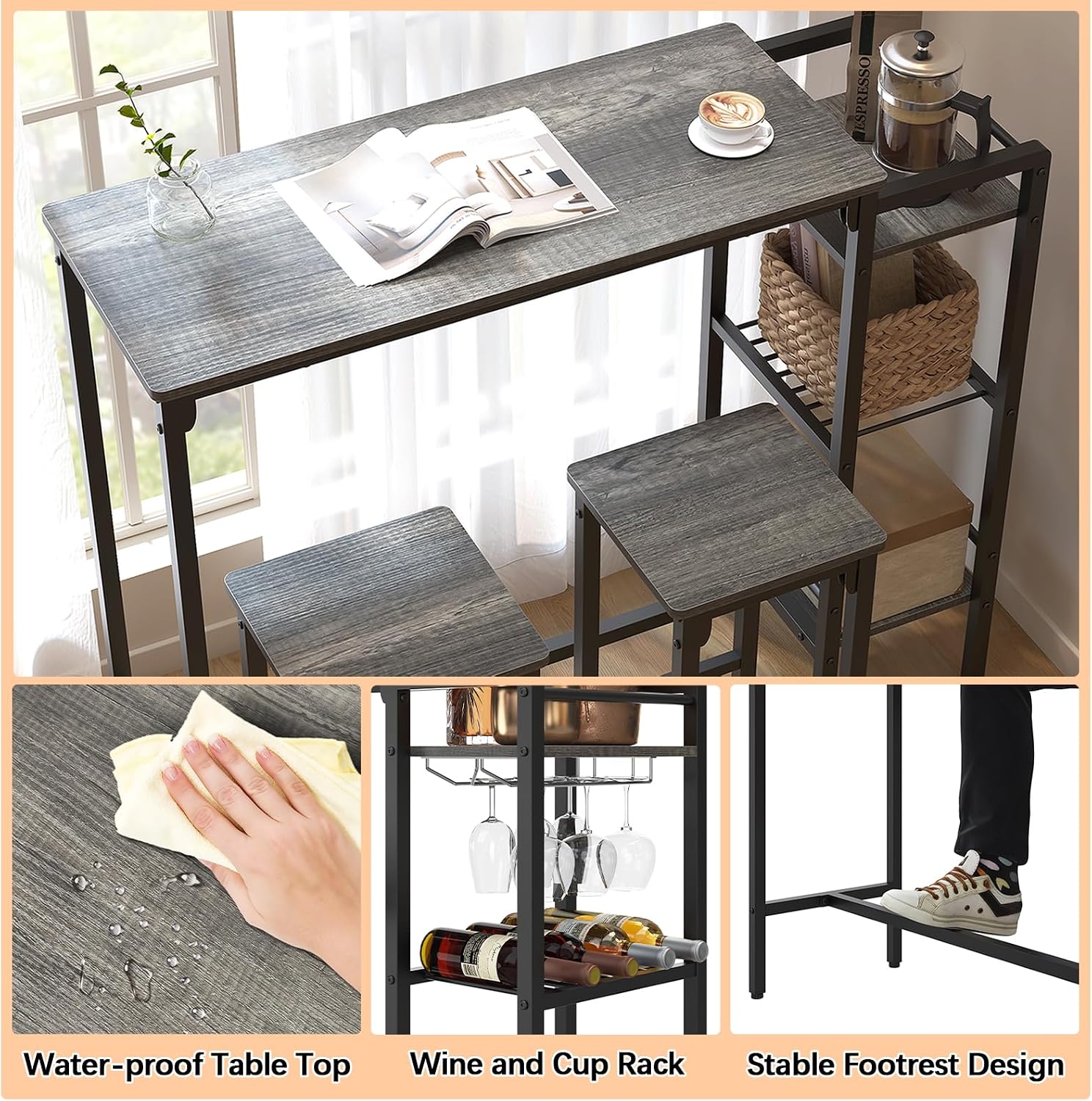 Weehom Bar Table and Chairs Set for Small Kitchens and Apartments - Space-Saving Dining Table Set for 2, 3 Storage Shelves with Bulit-in Wine Rack, Dining Room Breakfast Nook Table Set, Gray
