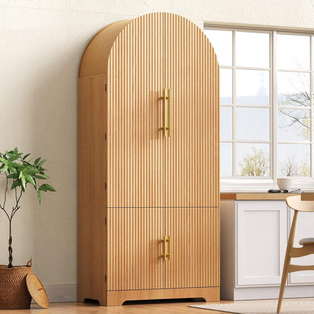 72’’ Tall Arched Kitchen Pantry Cabinet with Drawer & Adjustable Shelves, Modern Fluted Cupboard Storage Cabinet for Living Room Utility Room, Natural