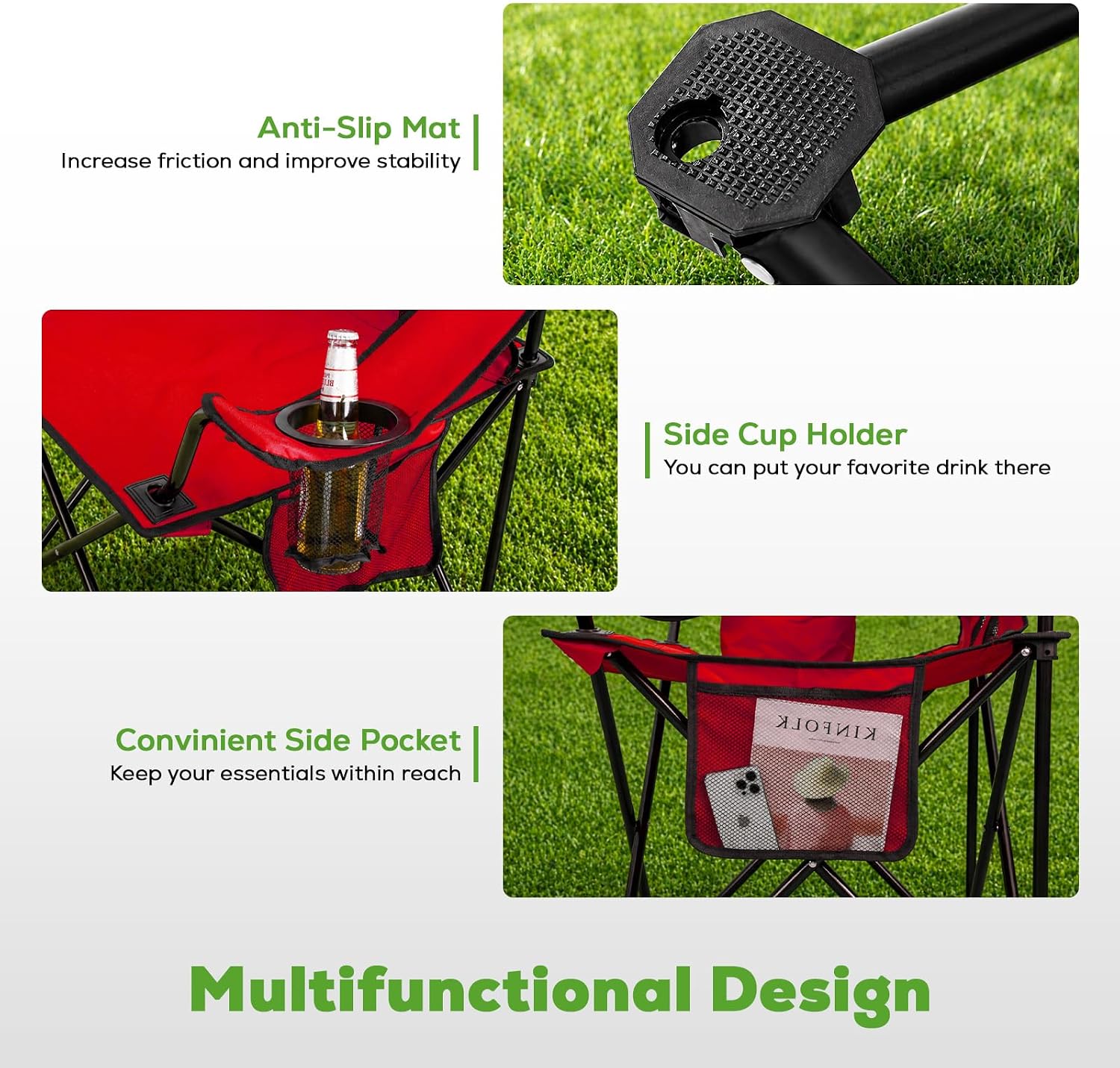 Heavy Duty Camping Chair 2-Pack, 400 LBS Capacity Folding Outdoor Chair with Cooler Bag, Oversized Portable Chair with Mesh Back & Cup Holder for Camping, Fishing, Tailgating (Red)