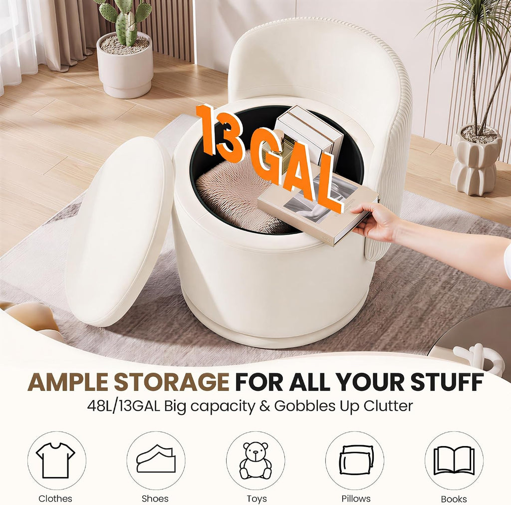 MALOL Ottoman with Storage, Swivel Vanity Stool with Back | 13GAL Velvet Makeup Stool with Reversible Lid, Multi-Functional Makeup Footstool for Bedroom, Beige
