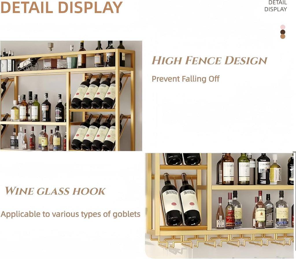 55 Inch Wine Rack Wall Mounted, 3-Tier Wall Bar Shelf with Glass Holder, Industrial Metal Wine Storage Display Rack for Home Bars or Kitchen Display, Gold