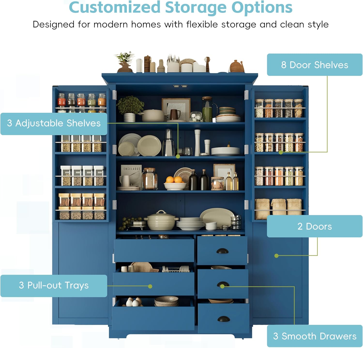 Merax 72" Tall Shaker Style Kitchen Pantry with 3 Drawers, Adjustable Shelves, Wood Cupboard Dining Storage Cabinet with Door Shelves and Pull-Out Trays for Living Room, Kitchen, Dining Room Blue