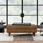 SIMPLIHOME Morrison 49" Wide Genuine Leather Rectangle Ottoman in Caramel | Caramel brown, mid-century modern ottoman with a cushioned top for extra seating, coffee table or footrest.