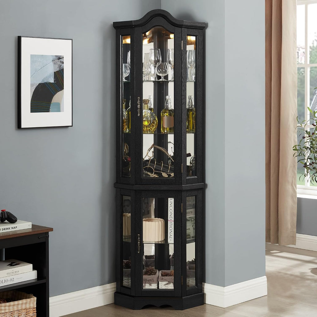 70" Lighted Corner Curio Cabinet,Inside Mirror Corner Glass Display Case with Tempered Glass Door for Living Room, Antique Collectibles, Wine & Bar Glass Storage, Lights Included