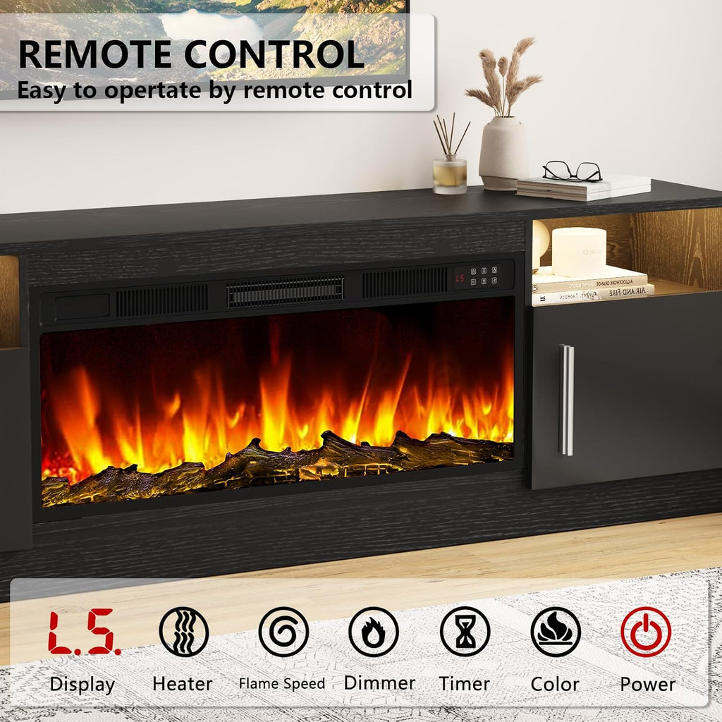 Tavata Fireplace TV Stand 70" Entertainment Center with 36" Fireplace, Wooden TV Stand for TVs Up to 80", Media TV Console with High Gloss Storage Cabinet and 20 Colors LED Lights (Black)