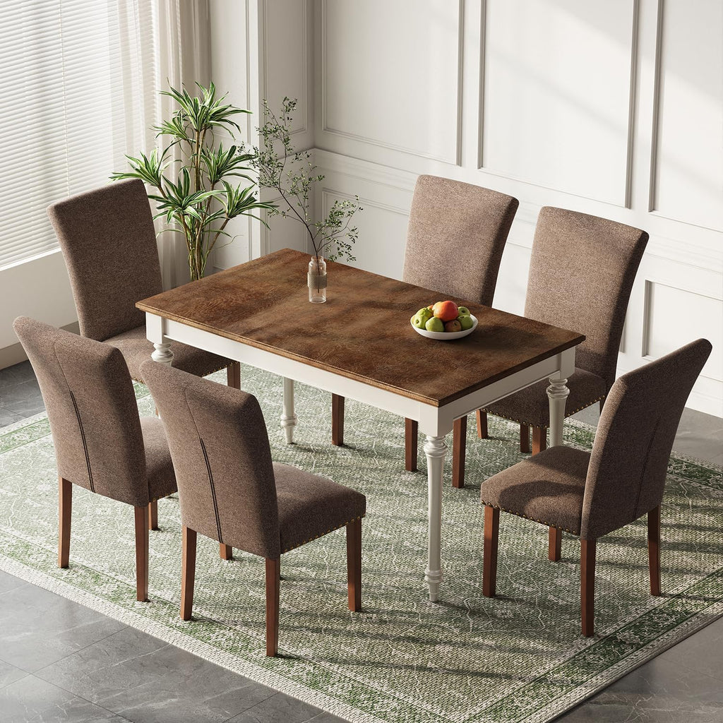 Farmhouse Dining Chairs Set of 6, High Back with Wooden Legs and Nailhead Trim, Modern Fabric Dining Room Chair for Kitchen/Restaurant