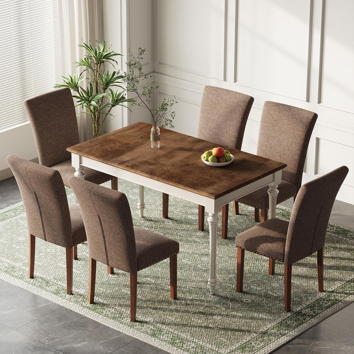 Farmhouse Dining Chairs Set of 6, High Back with Wooden Legs and Nailhead Trim, Modern Fabric Dining Room Chair for Kitchen/Restaurant