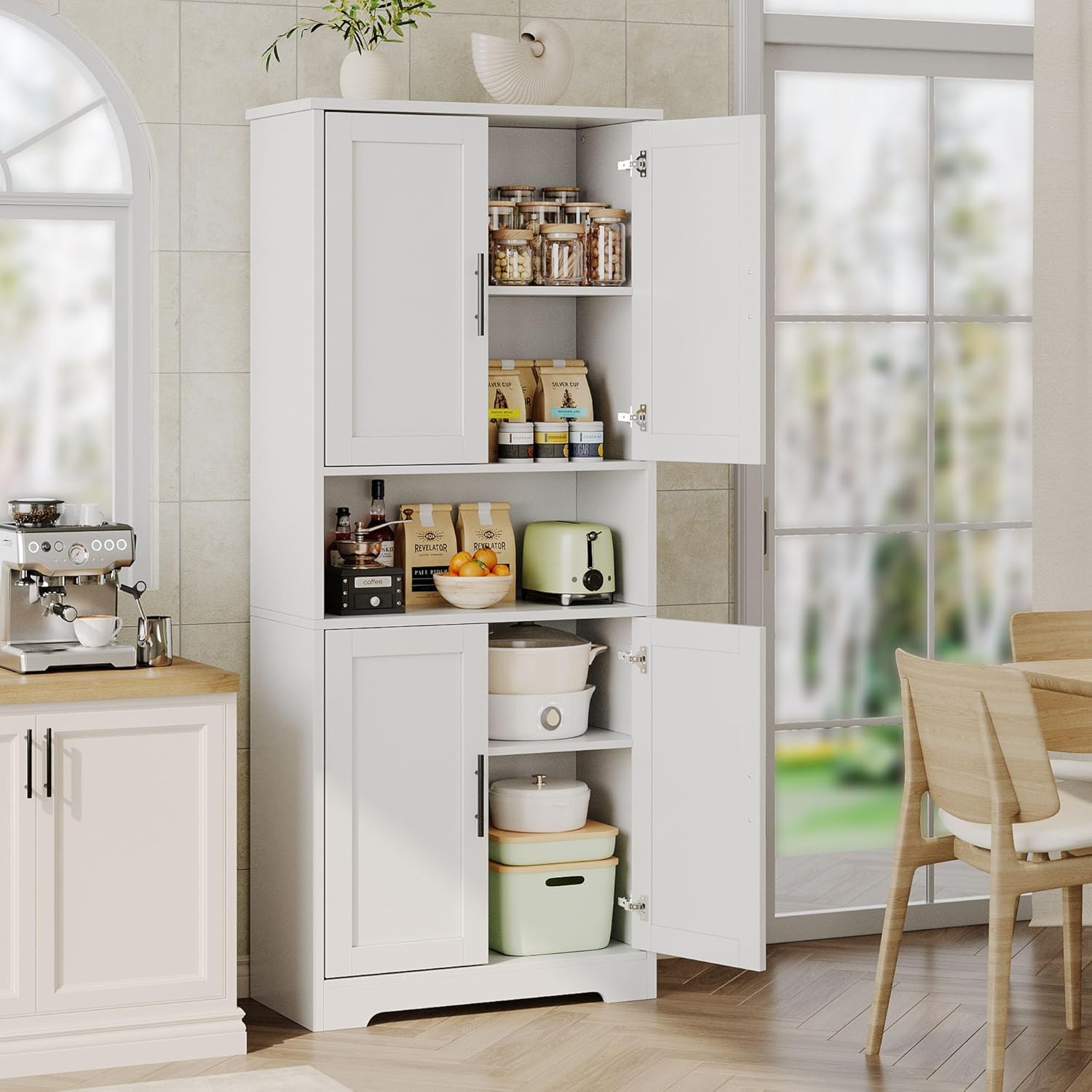 Tall Kitchen Pantry Cabinet with 4 Doors, 70 Inch Freestanding Storage Sideboard, Adjustable Shelves Wooden Cabinet for Living Room, Dining Room, Bathroom, Laundry Room Organization, White
