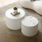 42.52'' White Round Nesting Coffee Table Set of 2 Modern Drum Side End Table for Living Room, Contemporary Wood Circle Embossed Design, No Assembly, White