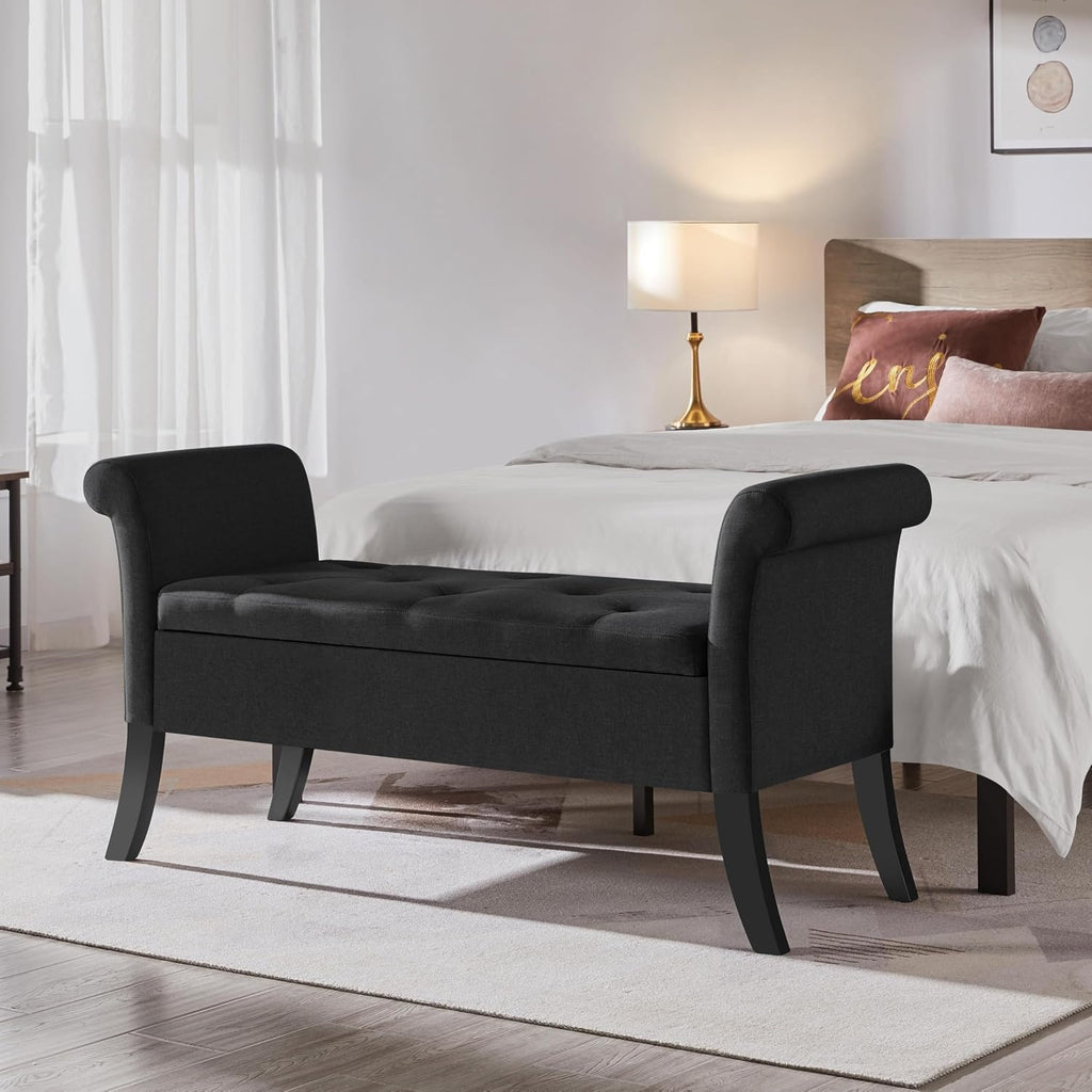 Yaheetech 52in Rolled Arm Storage Ottoman Bench Seat for Entryway, Black | Button-Tufted Bench Seat with 1.9C Storage Space, Rolled Arms, Wood legs, Metal Hinges, for Living Room Window Seat Entryway
