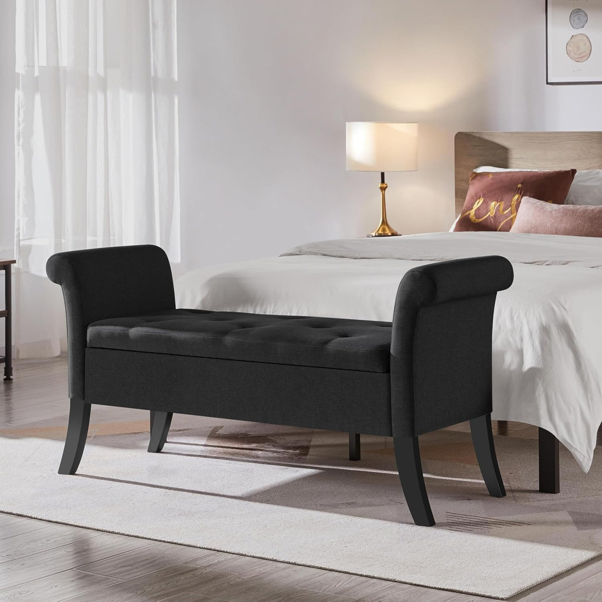 Yaheetech 52in Rolled Arm Storage Ottoman Bench Seat for Entryway, Black | Button-Tufted Bench Seat with 1.9C Storage Space, Rolled Arms, Wood legs, Metal Hinges, for Living Room Window Seat Entryway