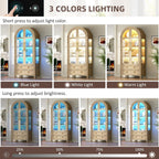 Vlsrka 71" Arched Curio Cabinet with Glass Doors, 4-Shelves Display Cabinet and 2 Drawers, Display Case with 3 Color Lights, Tall Bookcase, Kitchen Pantry, Wood Color