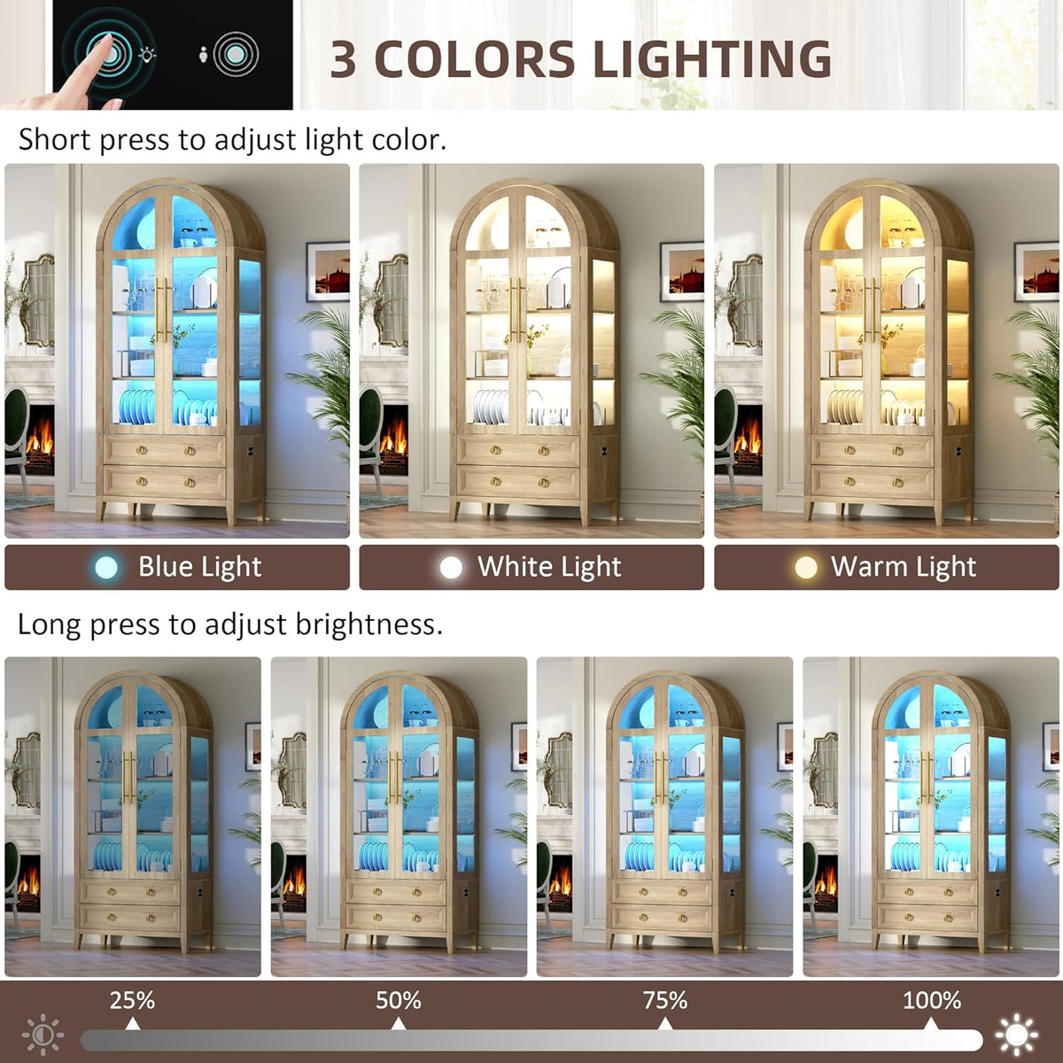 Vlsrka 71" Arched Curio Cabinet with Glass Doors, 4-Shelves Display Cabinet and 2 Drawers, Display Case with 3 Color Lights, Tall Bookcase, Kitchen Pantry, Wood Color