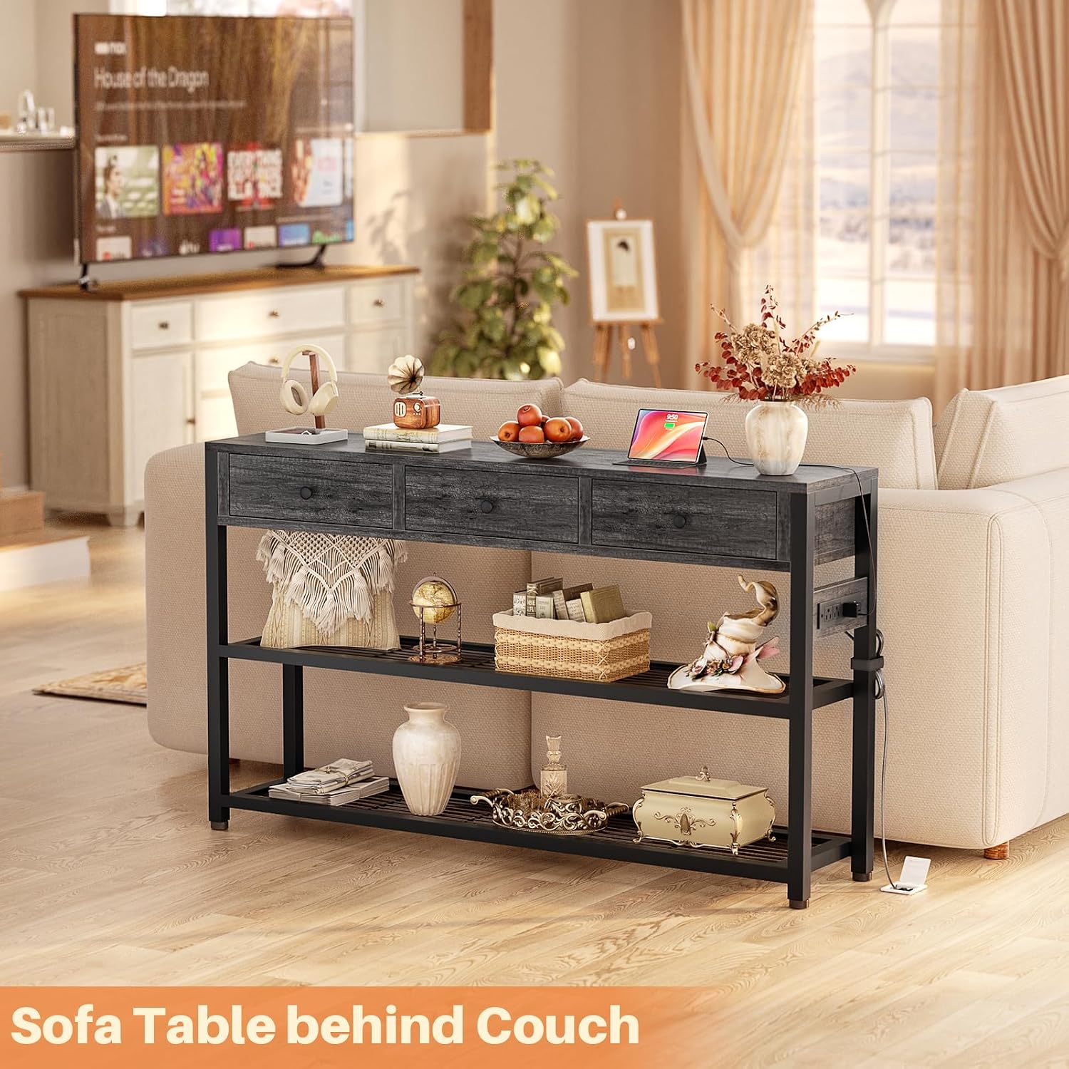 Ecoprsio Entryway Table with Power Outlets, 47" Console Table with Drawers | Sofa Tables Narrow Long, Behind Couch Table Entry Way Table with Shelves Storage for Living Room, Hallway, Grey Oak