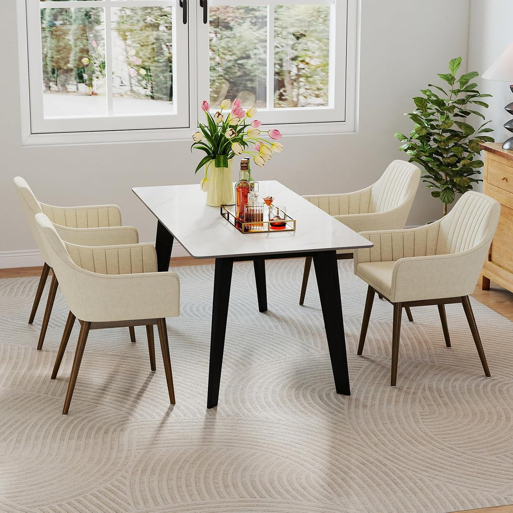 GOFLAME Upholstered Dining Chairs Set of 4, Fabric Kitchen Chairs with Rubber Wood Legs, Ergonomic Backrest, Padded Seat and Armrest, Modern Accent Side Chairs for Living Room, Dining Room, Beige