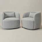 KINWELL 34" Wide Sherpa Swivel Barrel Chairs Set of 2, No Assembly Round Boucle Upholstered Accent Chairs Armchairs Single Sofa Chair with Toss Pillow for Living Room and Bedroom, Gray