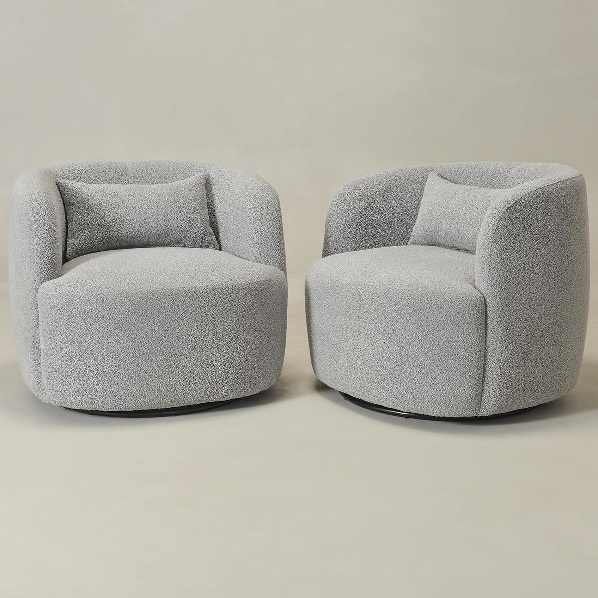 KINWELL 34" Wide Sherpa Swivel Barrel Chairs Set of 2, No Assembly Round Boucle Upholstered Accent Chairs Armchairs Single Sofa Chair with Toss Pillow for Living Room and Bedroom, Gray