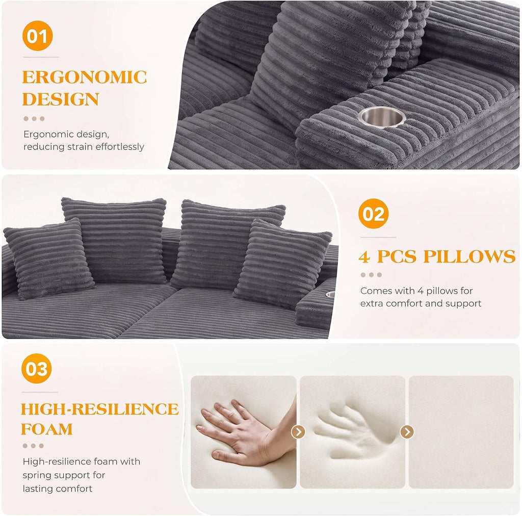 85'' Loveseat Chaise Lounge Chair, Oversized Double Couch | Deep Seat Sofa Bed Sleeper Couch, Reading Chairs Cloud Sofas for Living Room, Bedroom, No Assembly, Corduroy Dark Gray