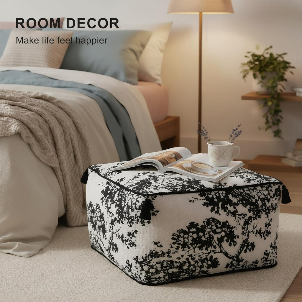 Chenille Square Pouf Ottoman - Foot Stool for Living Room & Bedroom | Soft ottoman with tassels. Removable cover. High-resilience foam. Flannelette base. Tree decor. Step for dogs. 19.7x11.8in